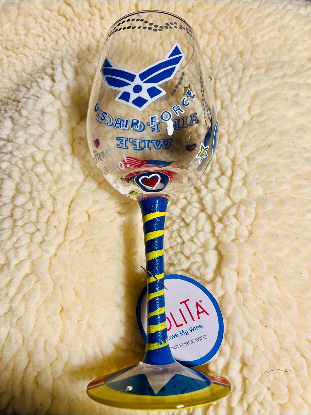 Lolita Hand-Painted US Air Force Wife Wine Glass in Blue, Yellow & Red